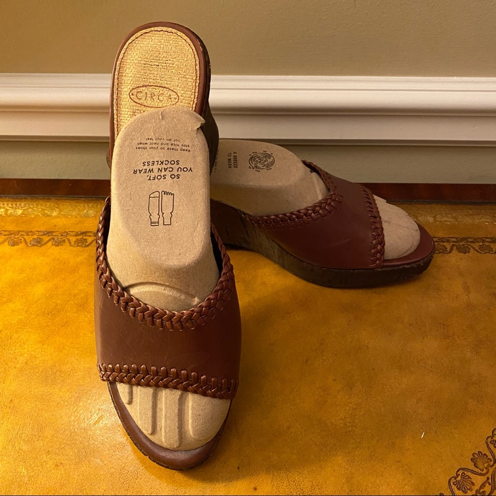 Joan & David Wedge Cork Slip On Mule Brown Sandals Shoes 9